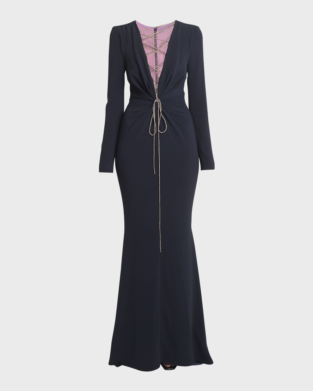 Talbot Runhof Lace-Up Plunging Long-Sleeve Cady Trumpet Gown