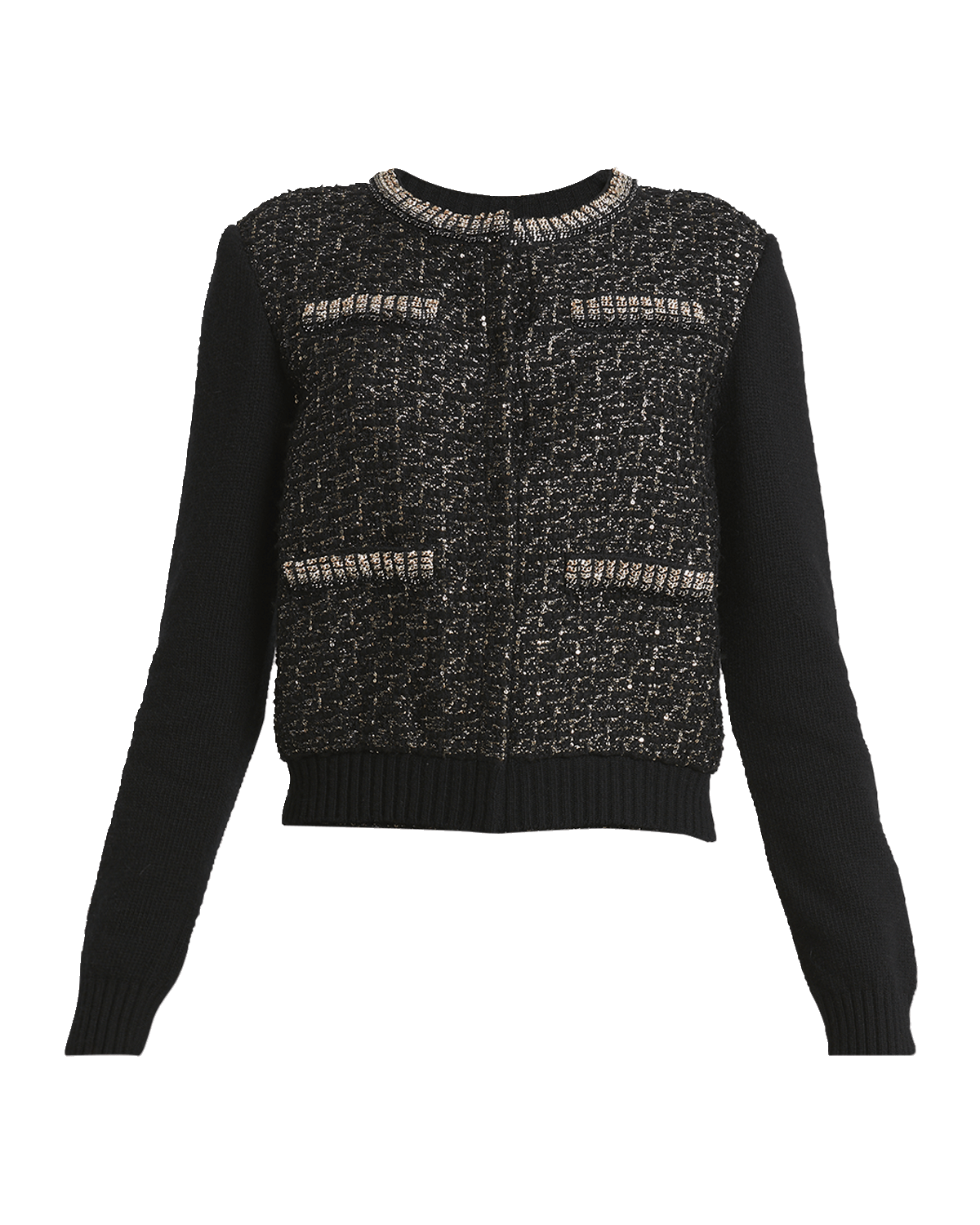 Giambattista Valli Metallic Tweed-Inset Crewneck Knit Cardigan
