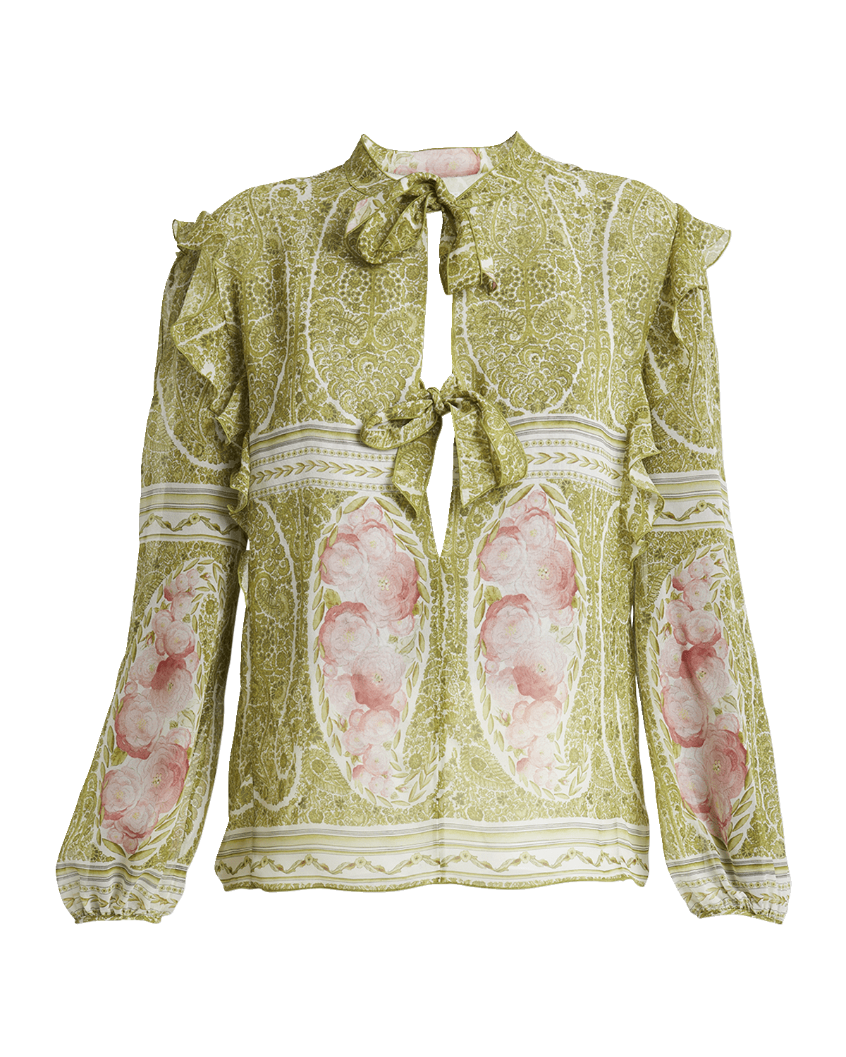 Giambattista Valli Paisley-Print Ruffle Long-Sleeve Silk Blouse