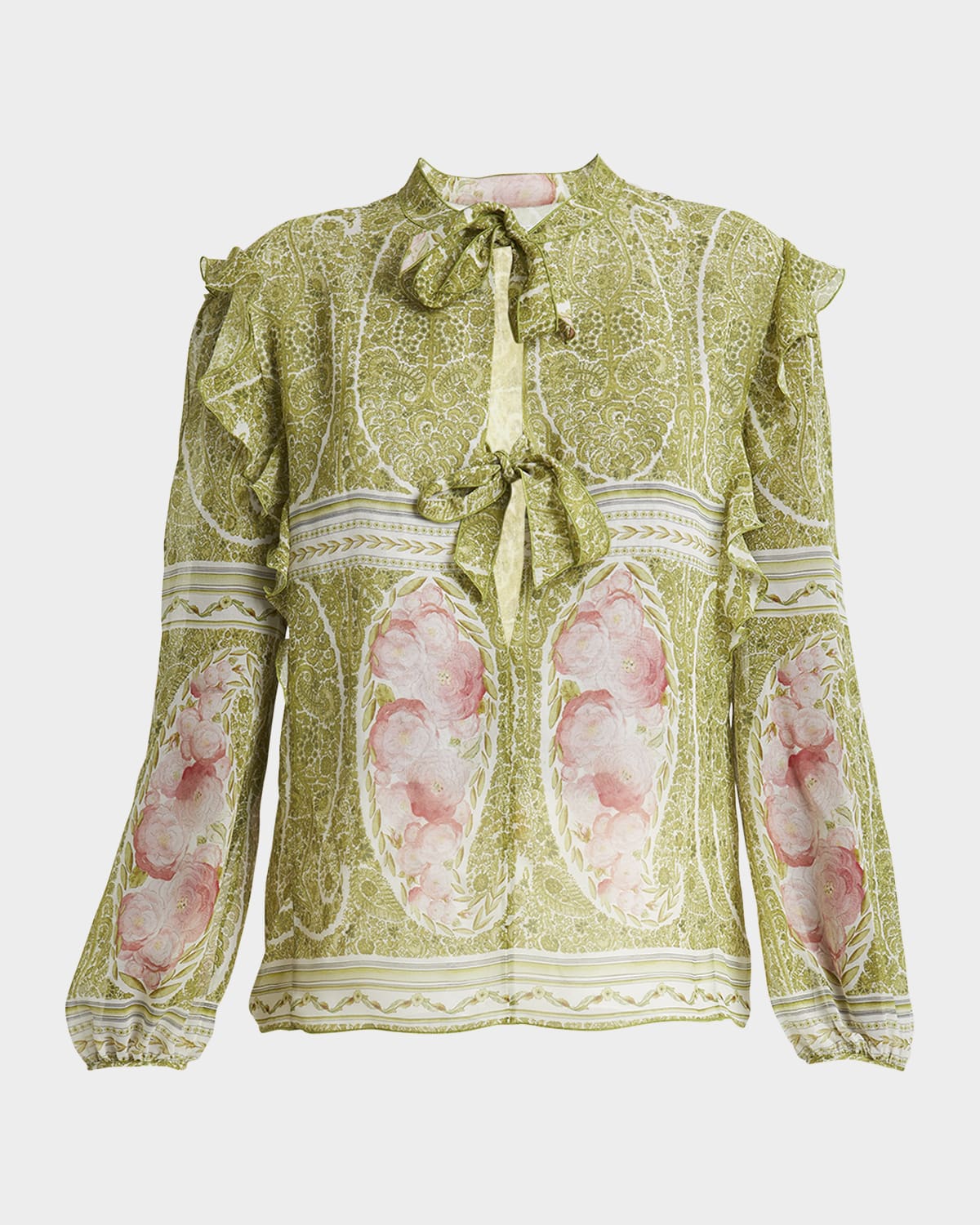 Giambattista Valli Paisley-Print Ruffle Long-Sleeve Silk Blouse
