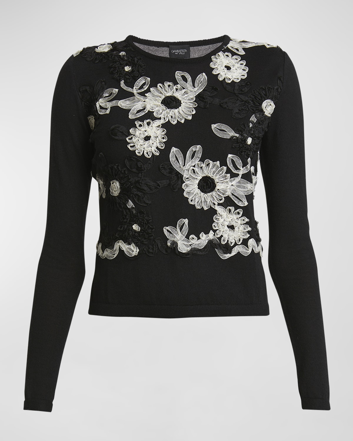 Giambattista Valli Flower Ribbon-Embroidered Long-Sleeve Knit Sweater
