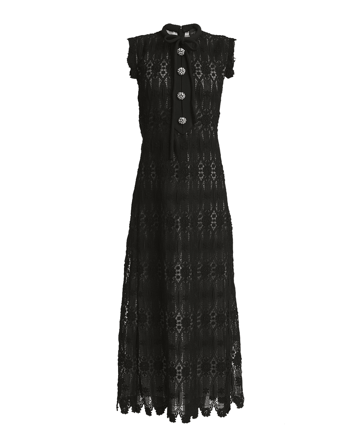 Giambattista Valli Crystal-Button Sleeveless Guipure Lace Midi Dress