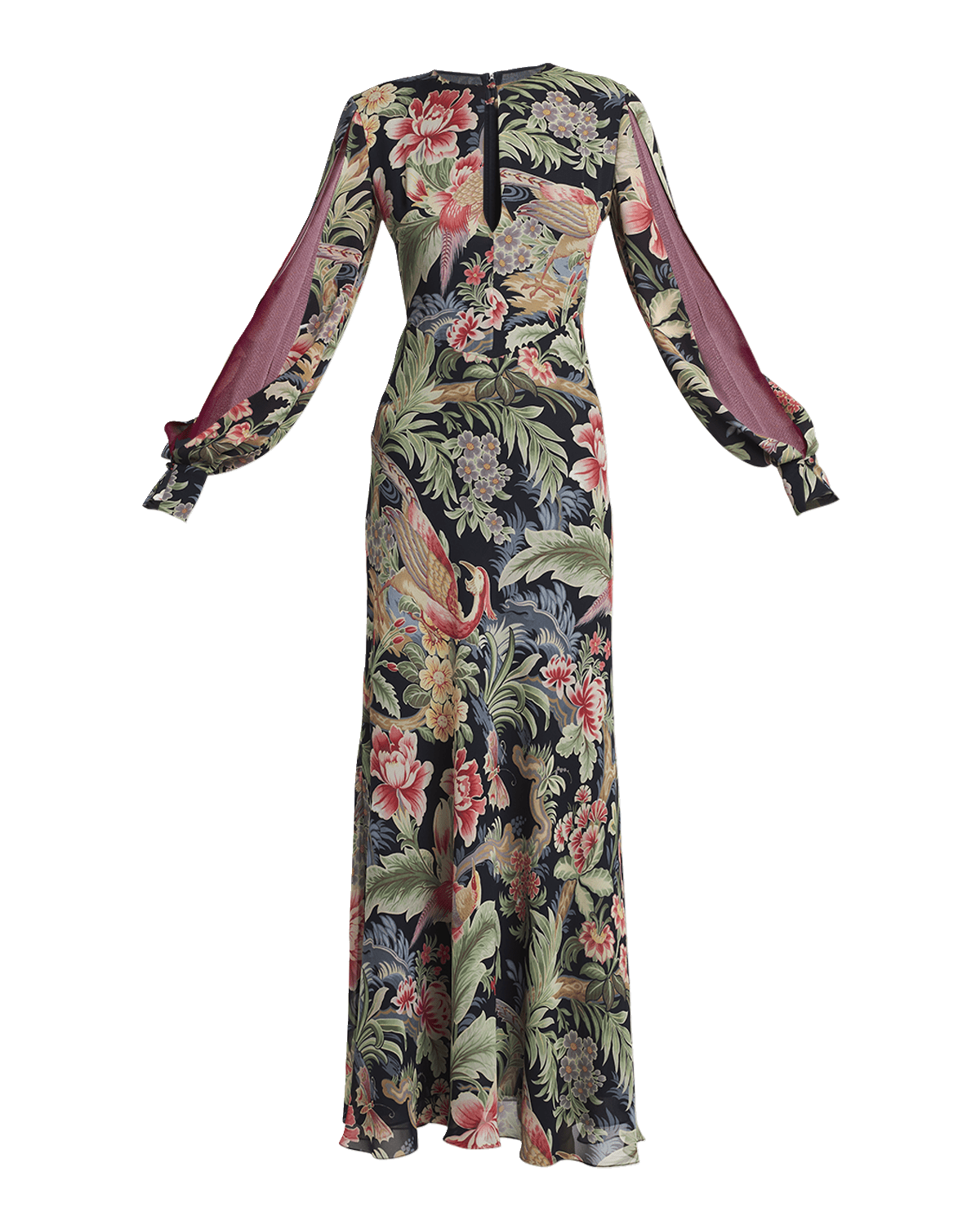Etro Allover Floral Slit Long-Sleeve Silk Gown