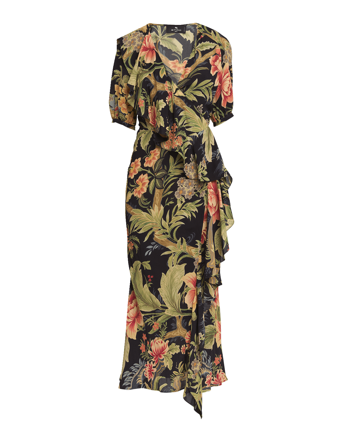 Etro Idillium Floral Silk Georgette Ruffle Midi Wrap Dress