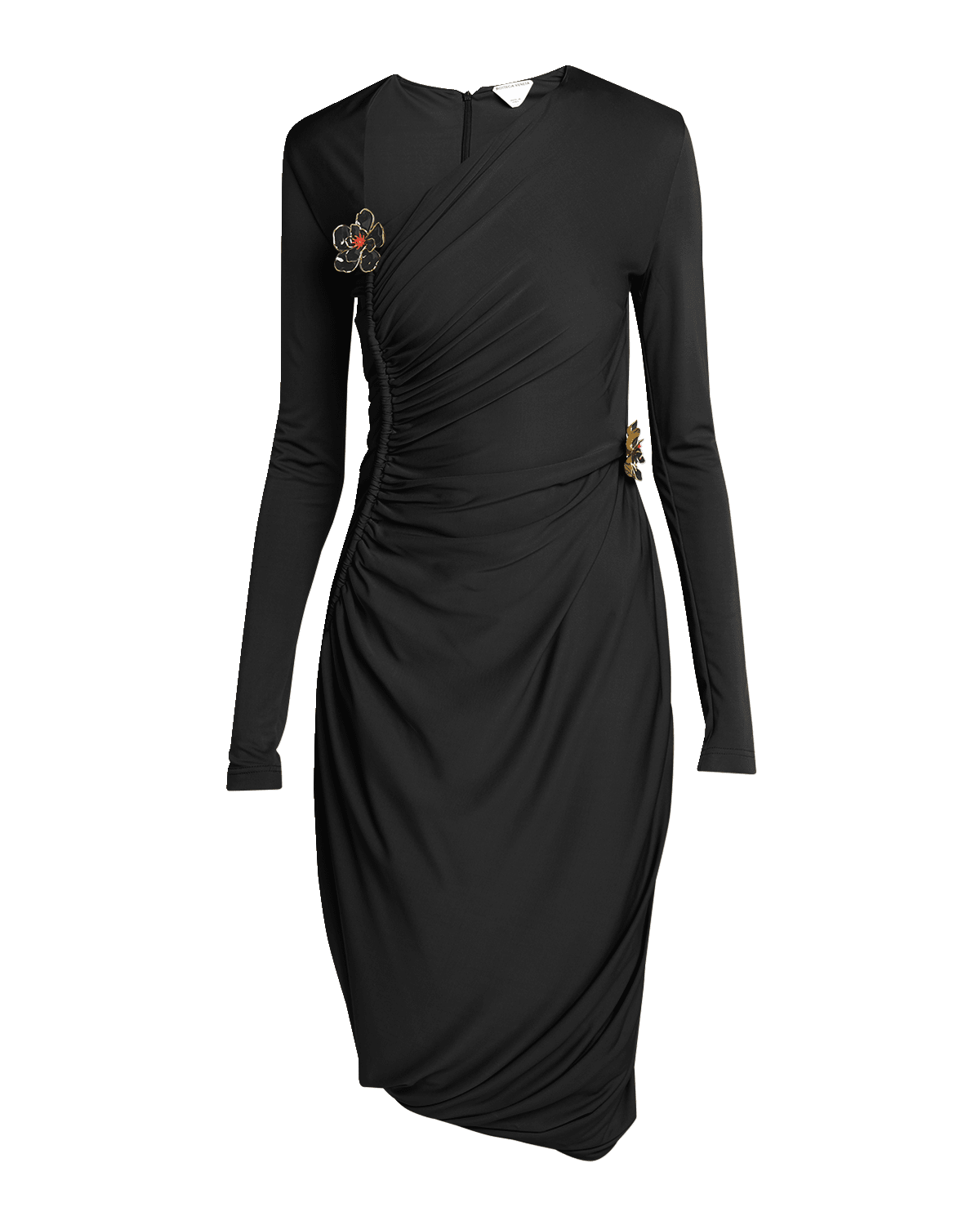 Bottega Veneta Flower-Applique Long-Sleeve Ruched Matte Crepe Viscose Jersey Dress