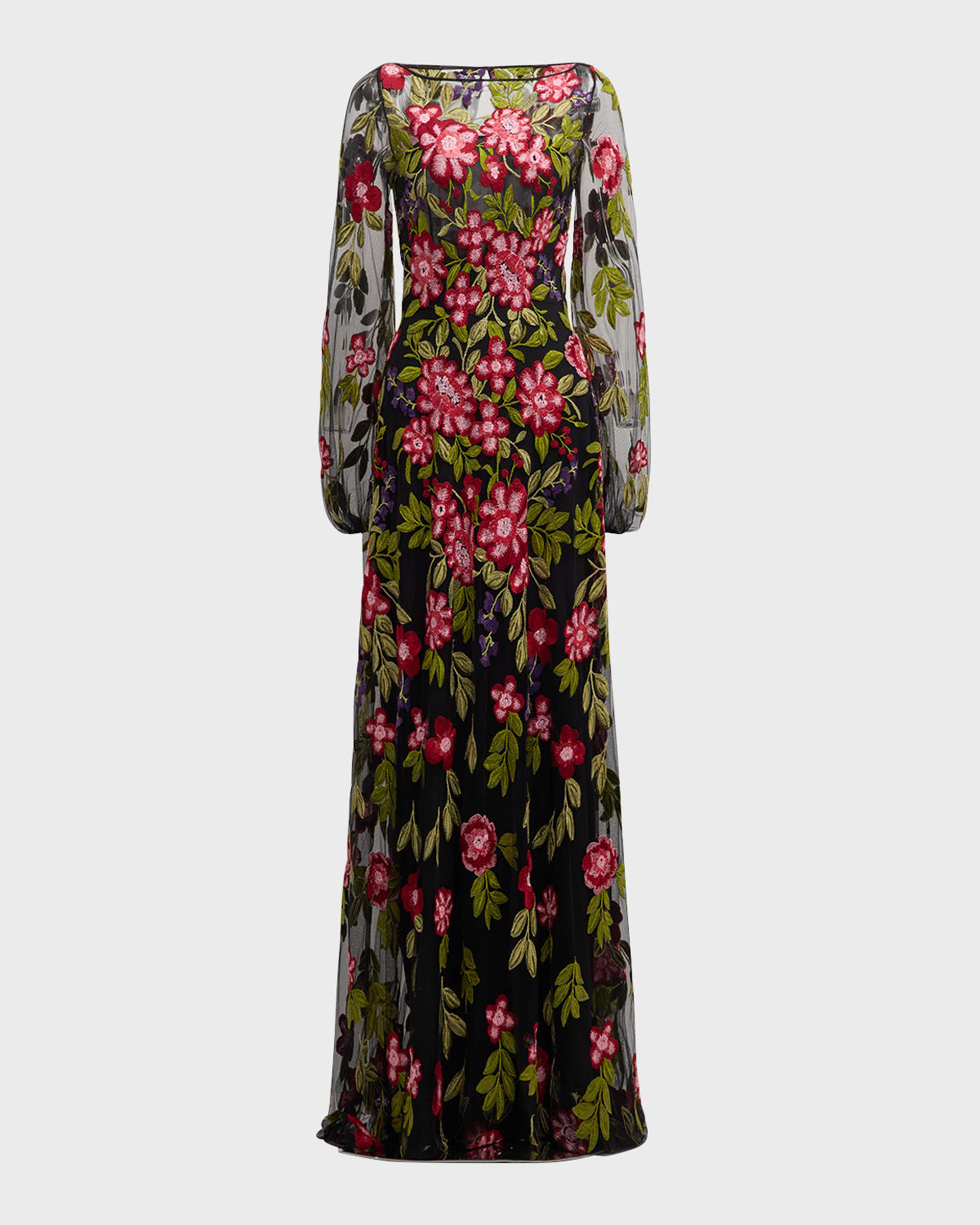 Naeem Khan Sequined Floral Lace Long-Sleeve Gown
