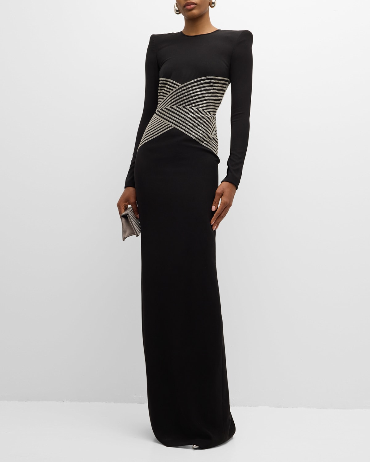 Naeem Khan Beaded-Waist Long-Sleeve Crepe Gown