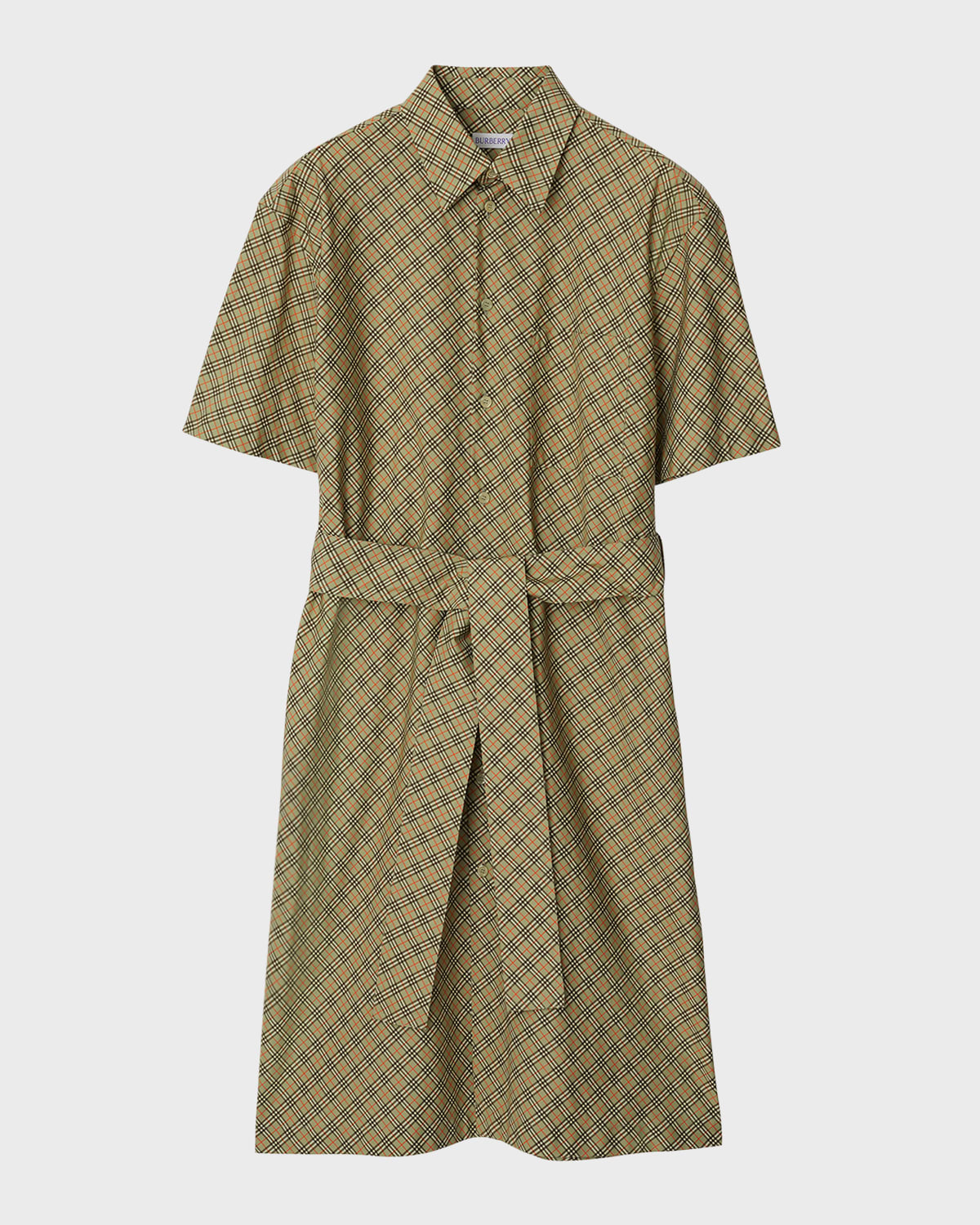 Burberry Check Short-Sleeve Belted Midi Shirtdress