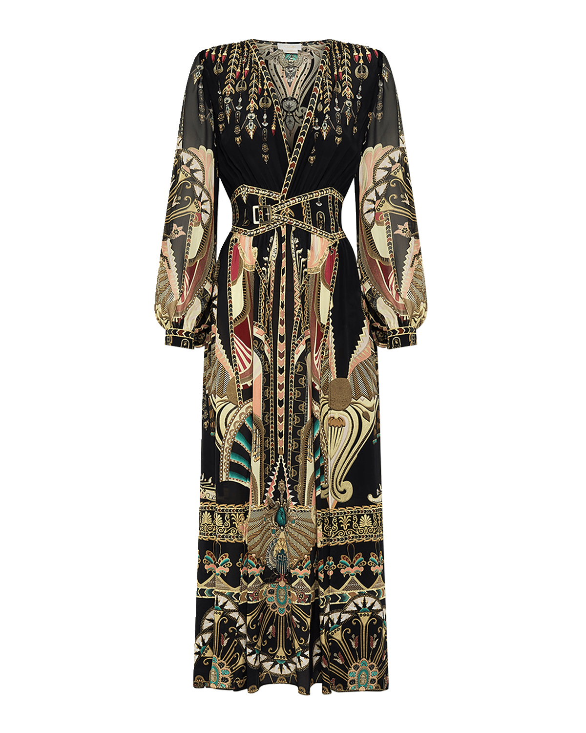 Camilla Blouson-Sleeve Peaked Waistband Long Silk Dress