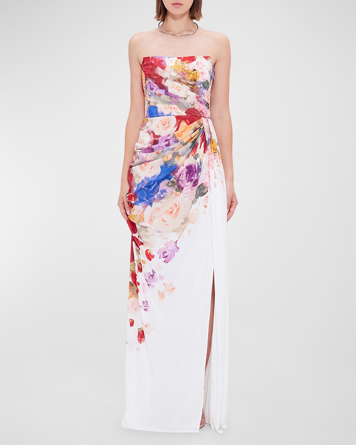 LEO LIN Anastasia Pleated Floral-Print Bustier Gown