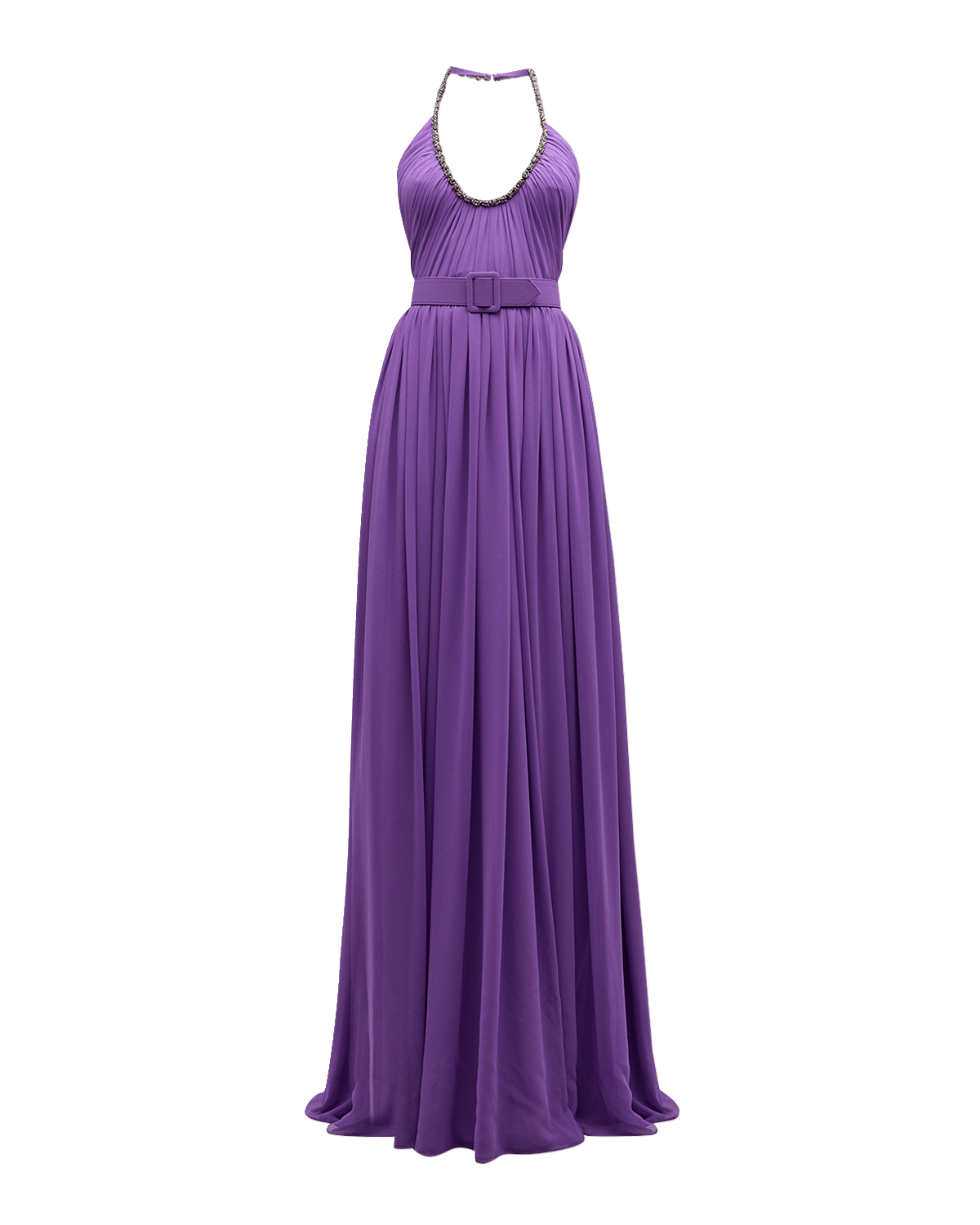 Badgley Mischka Collection Belted Ruched Halter Gown