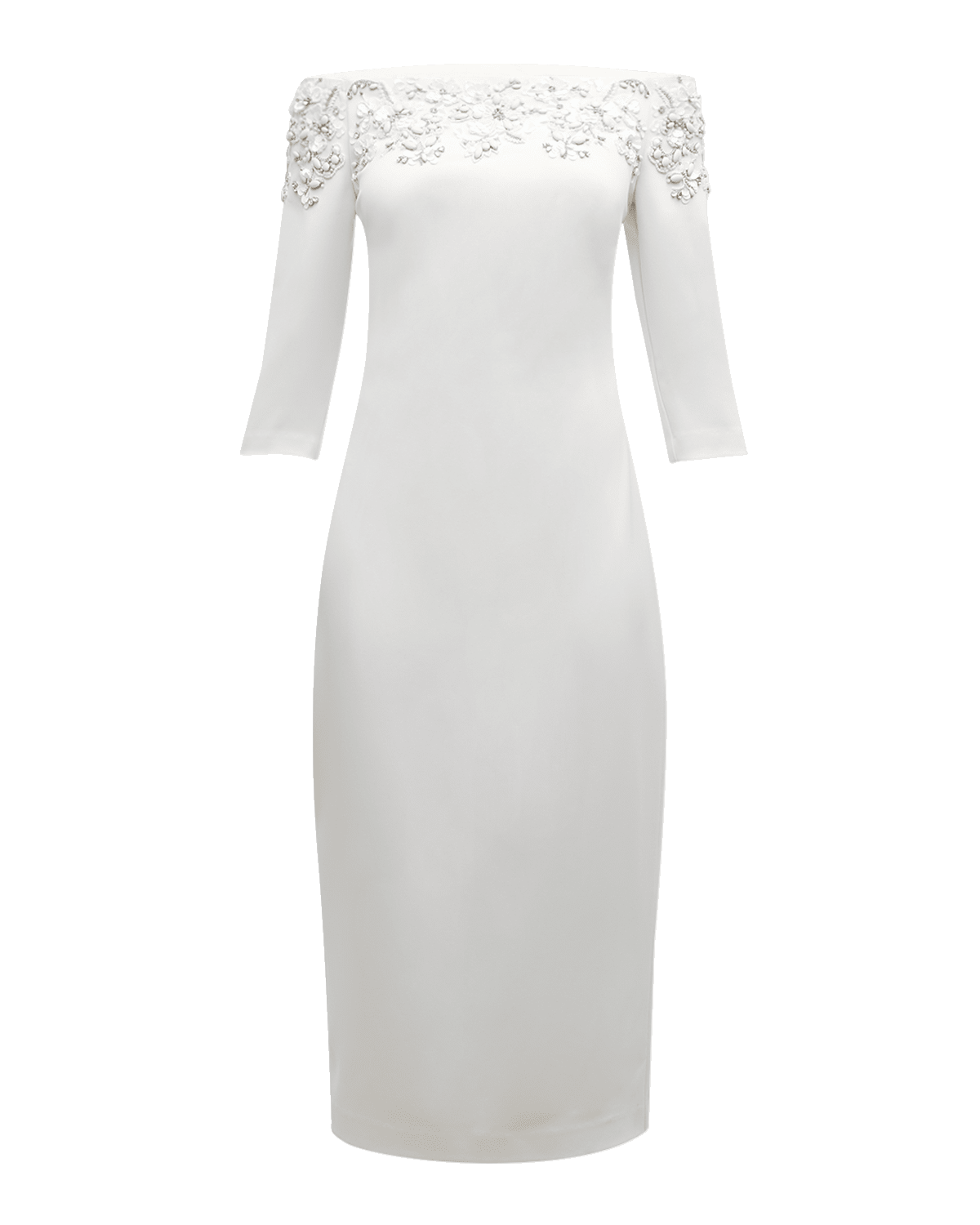 Badgley Mischka Collection Beaded Off-Shoulder Midi Sheath Dress