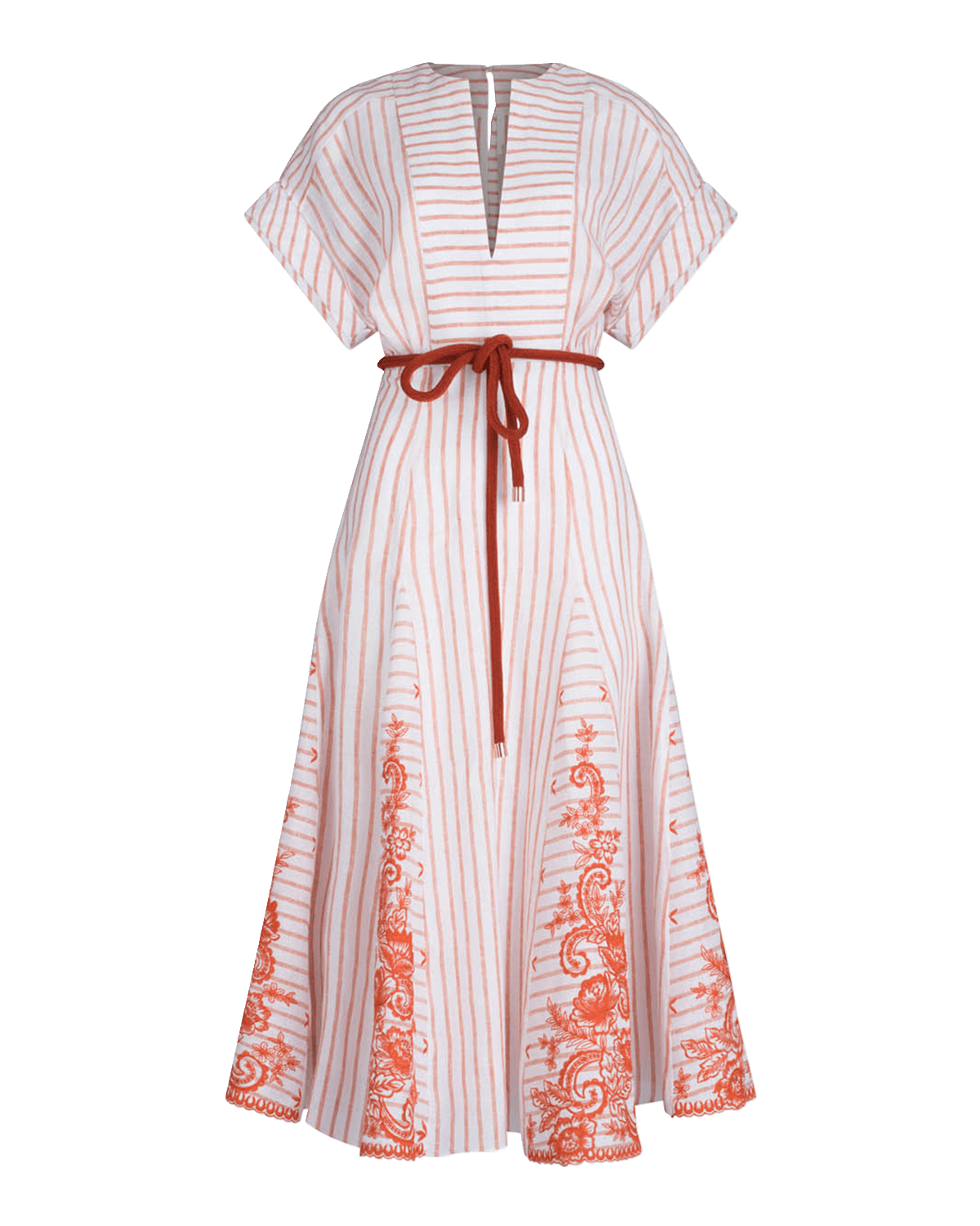 Silvia Tcherassi Casandra Floral-Embroidered Godet Belted Midi Dress