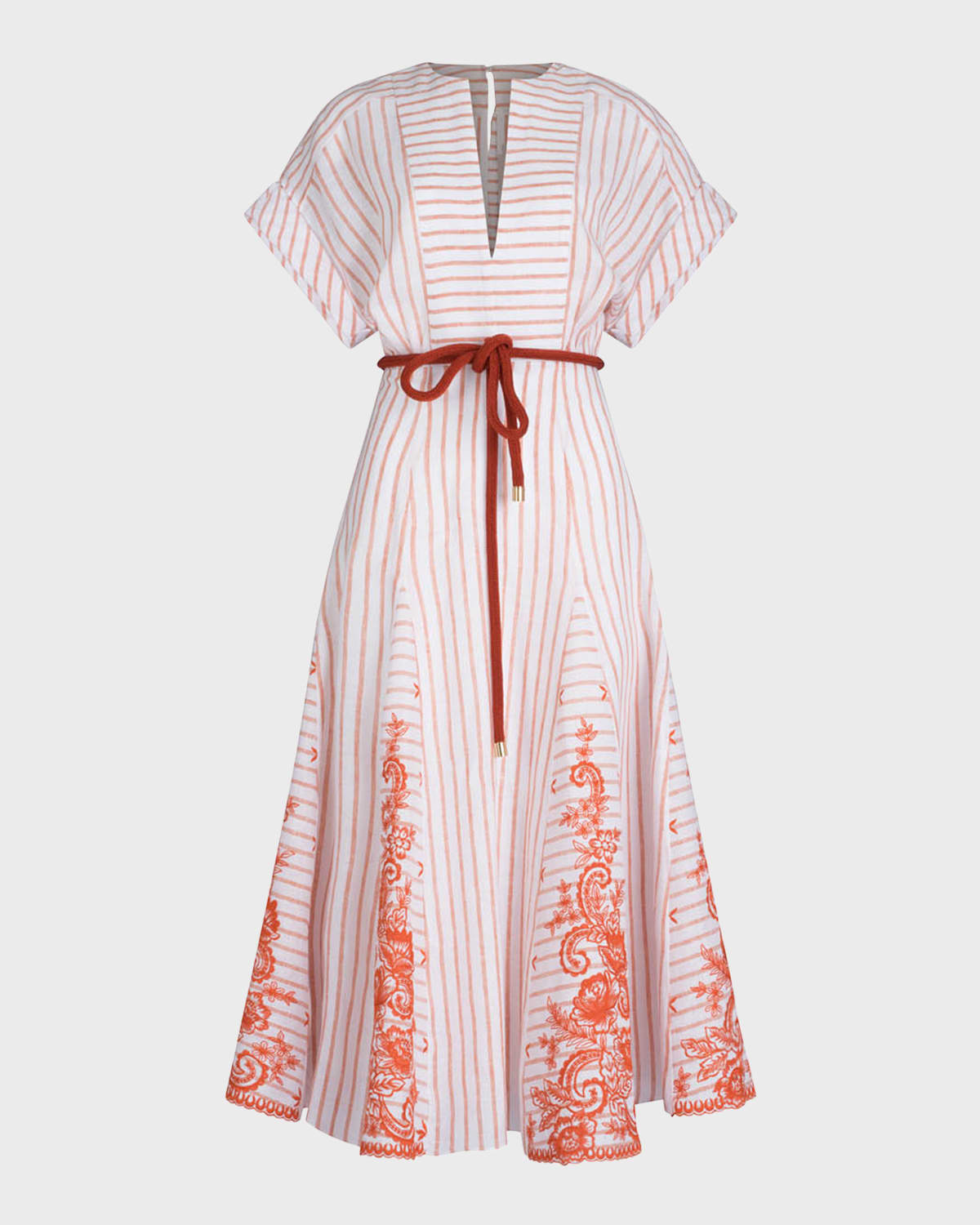 Silvia Tcherassi Casandra Floral-Embroidered Godet Belted Midi Dress