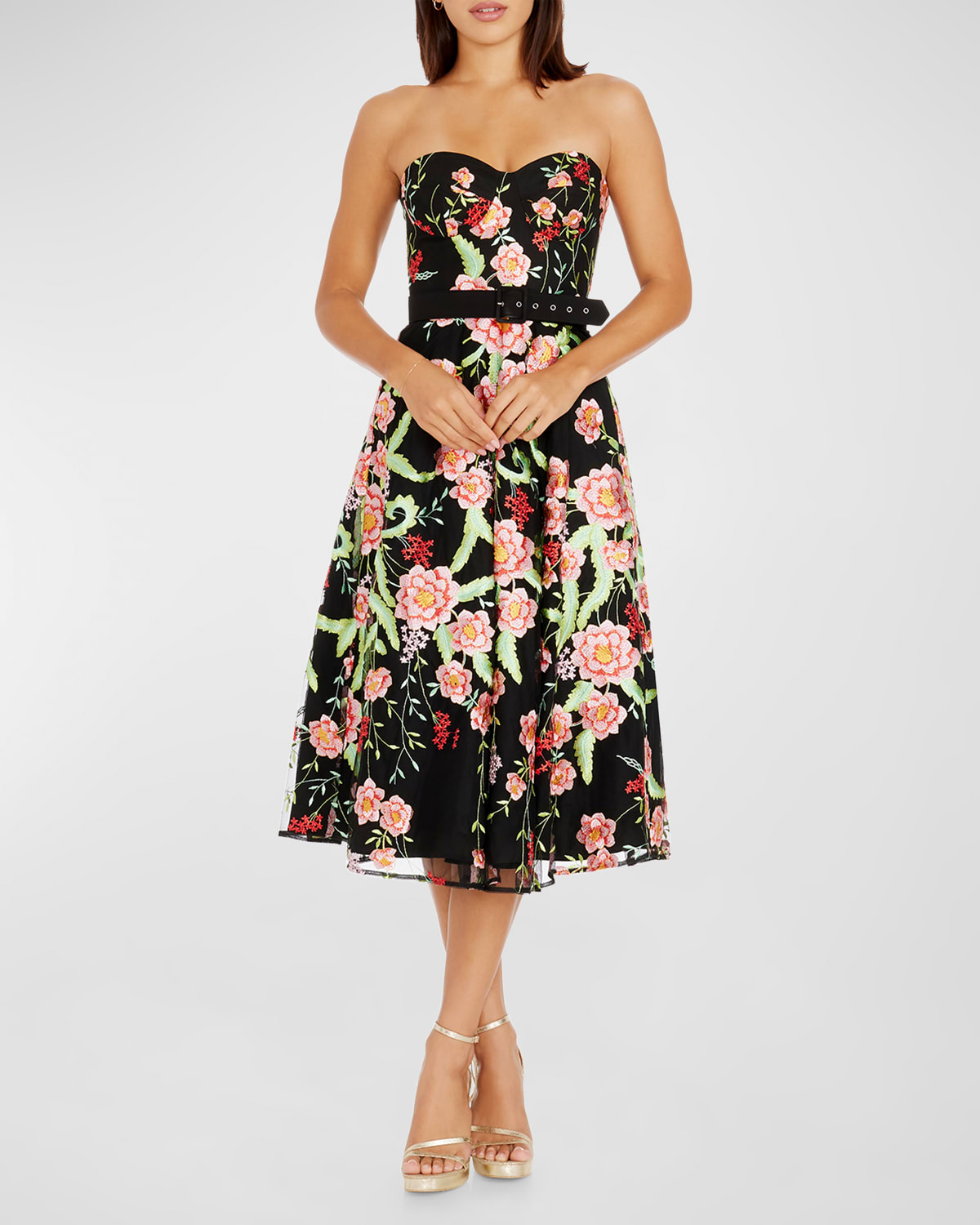 Dress the Population Black Label Mabel Strapless Floral-Embroidered Midi Dress