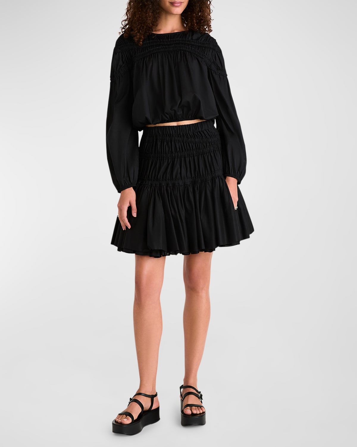 Merlette Ciel Smocked Blouson-Sleeve Crop Top