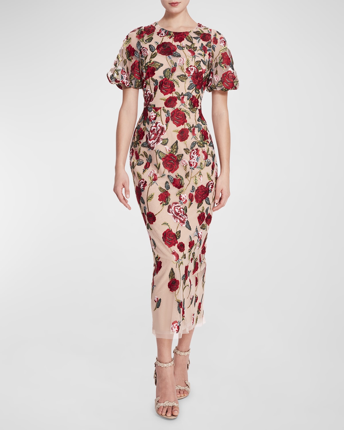 Marchesa Notte Floral-Embroidered Bodycon Midi Dress