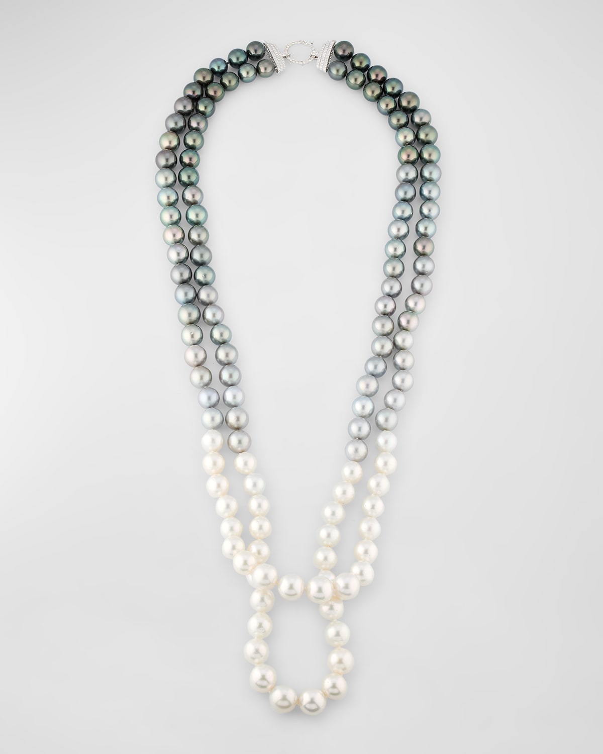 Belpearl 18K White Gold 8-14mm Tahitian and South Sea Pearl 2 Row Necklace with Diamond Clasp