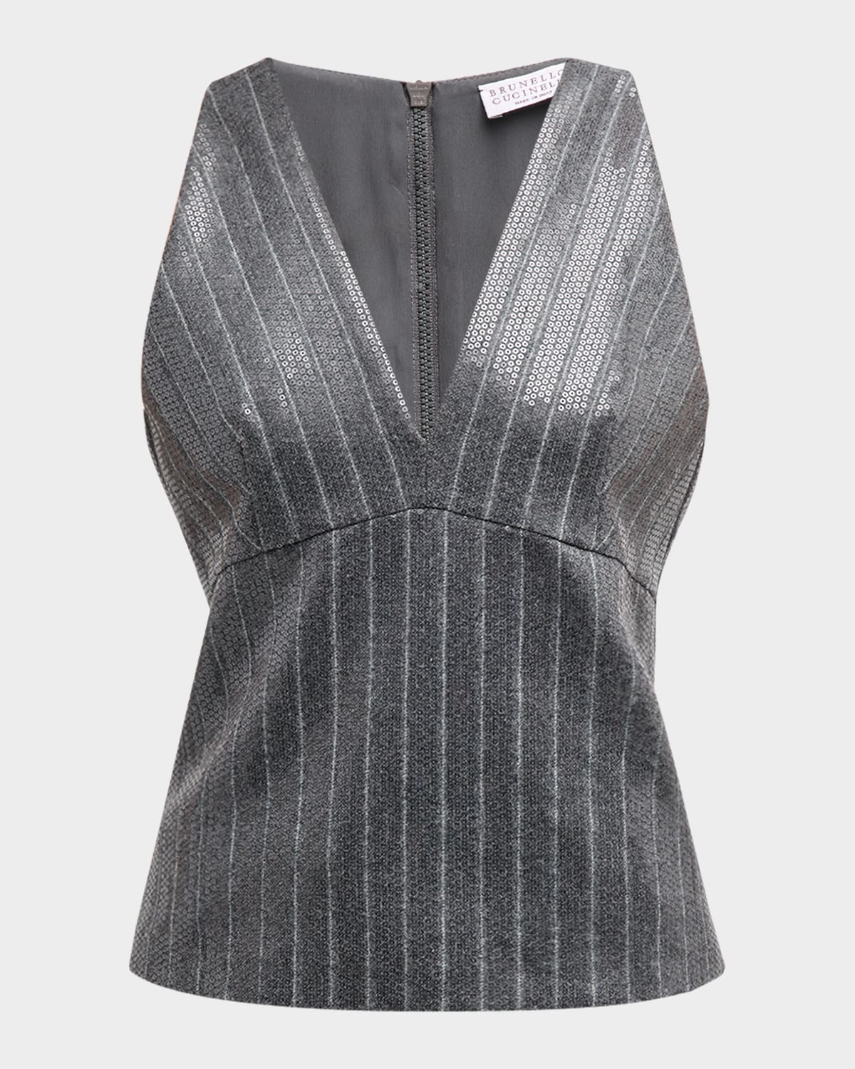 Brunello Cucinelli Pinstripe Sequin Embroidered Flannel Sleeveless Top