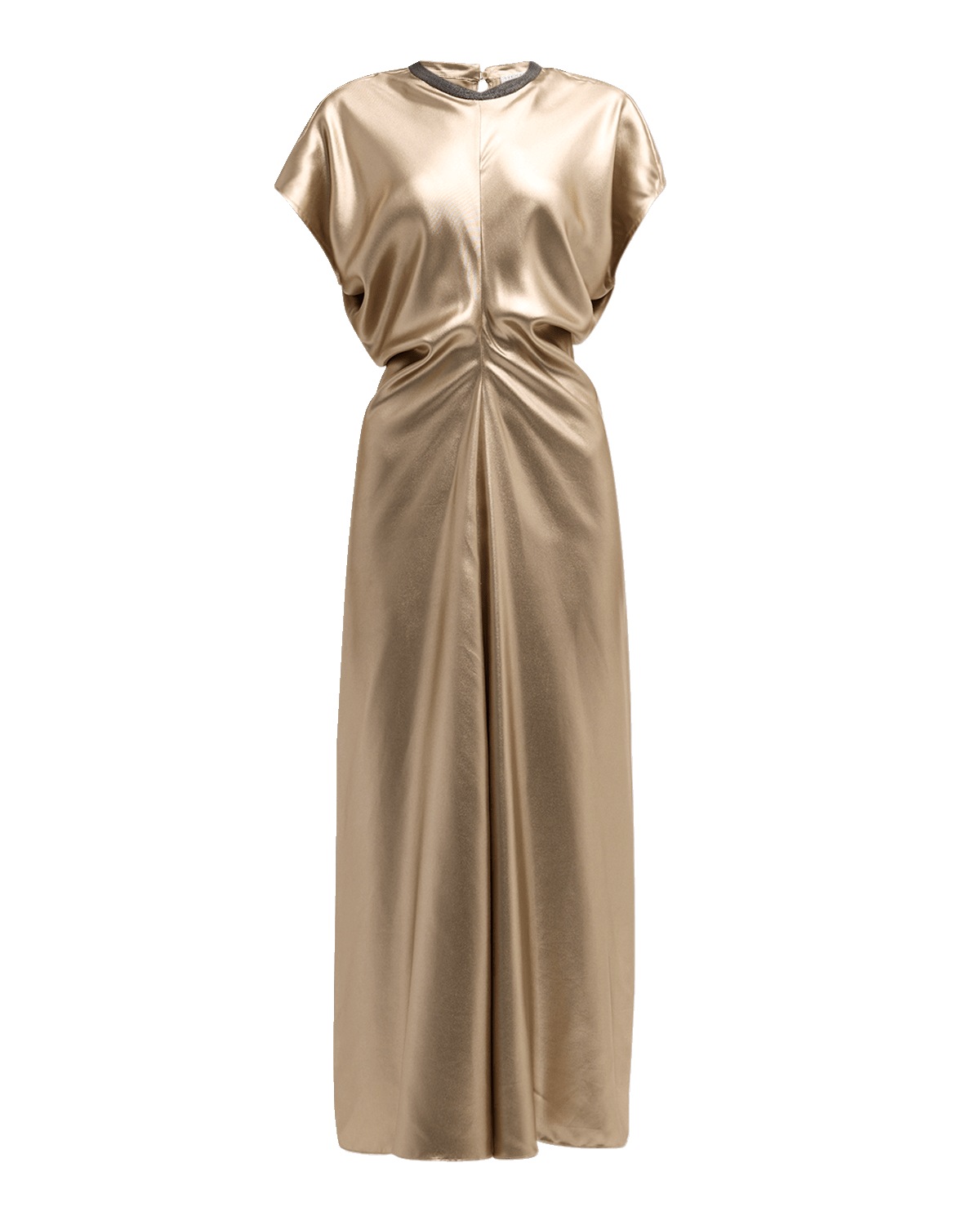 Brunello Cucinelli Monili-Neck Metallic Fluid Silk Ankle Dress