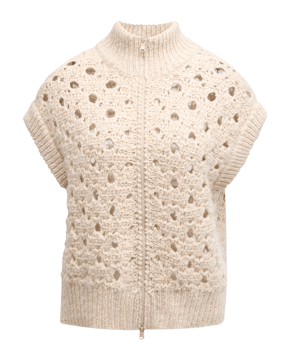 Brunello Cucinelli High-Neck Paillette Round Open-Weave Zip Cardigan