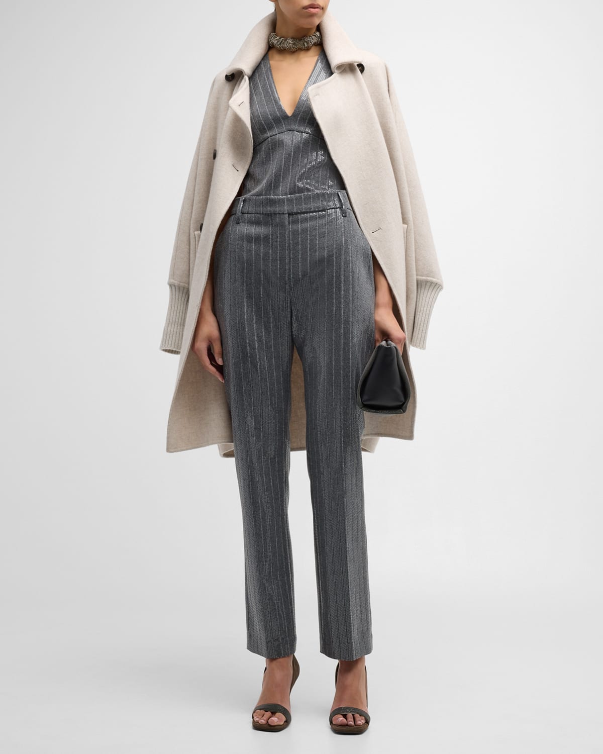 Brunello Cucinelli Pinstripe Sequin Embroidered Flannel Straight-Leg Pants