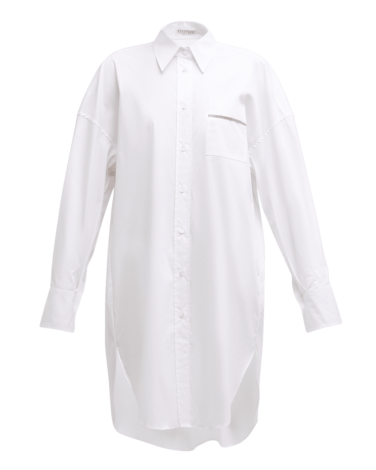 Brunello Cucinelli Monili Pocket High-Low Poplin Button-Down Shirt