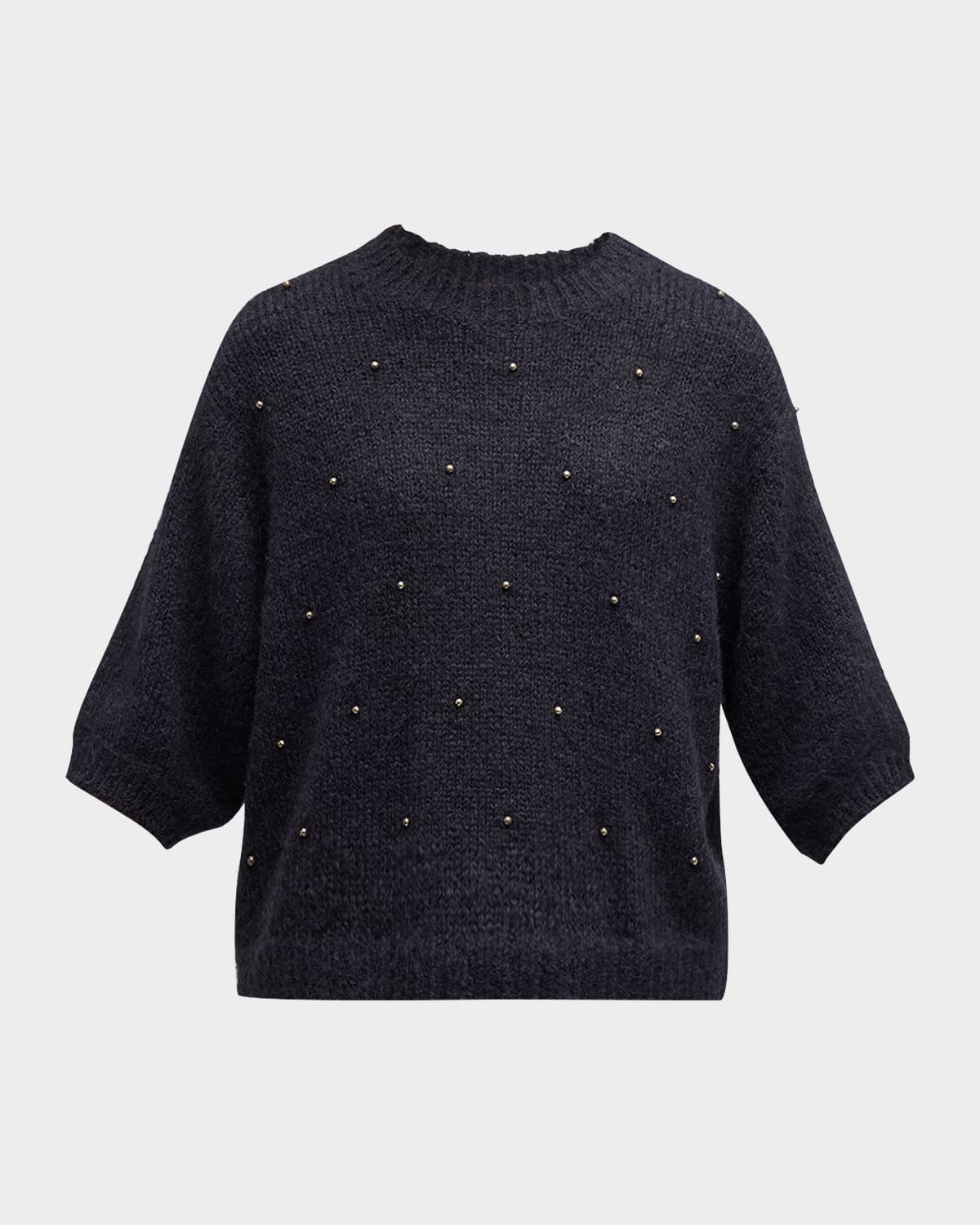 Brunello Cucinelli Studded Short-Sleeve Alpaca Wool Mock-Neck Sweater