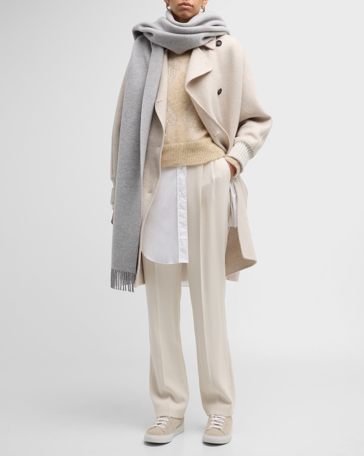 Brunello Cucinelli Rib Knit Cuffs Double-Breasted Cashmere Poncho Coat
