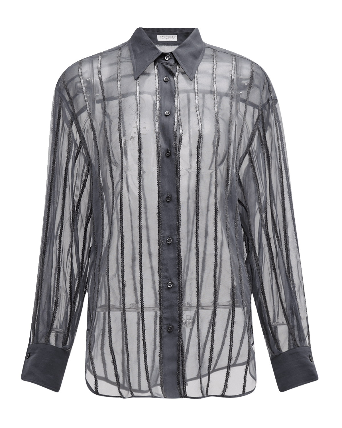 Brunello Cucinelli Sequin Wool Striped Crispy Silk Boyfriend Shirt