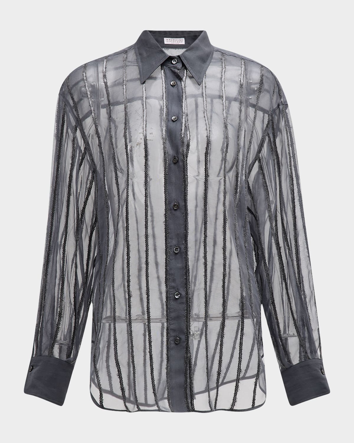 Brunello Cucinelli Sequin Wool Striped Crispy Silk Boyfriend Shirt