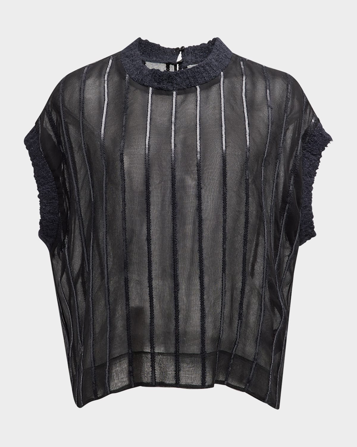 Brunello Cucinelli Sequin Wool Striped Crispy Silk Chiffon Blouse