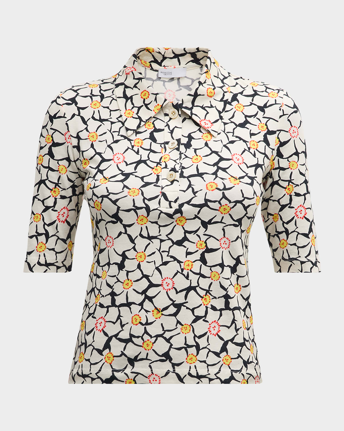 Rosetta Getty Geometric Floral Jersey Polo T-Shirt