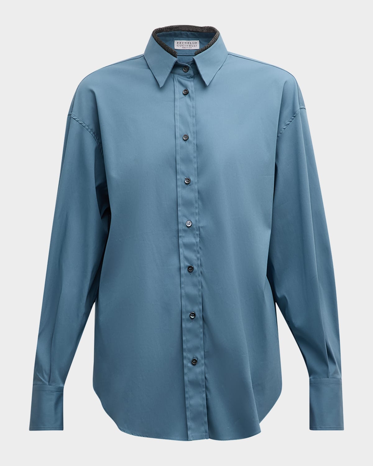 Brunello Cucinelli Poplin Stretch Button Down Monili Trim Top