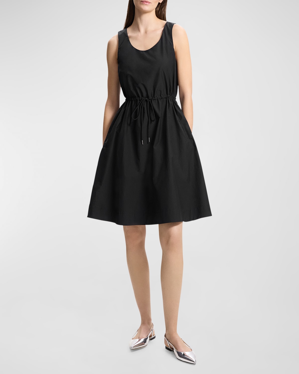 Theory Scoop-Neck Drawstring-Waist Pullover Cotton Mini Dress