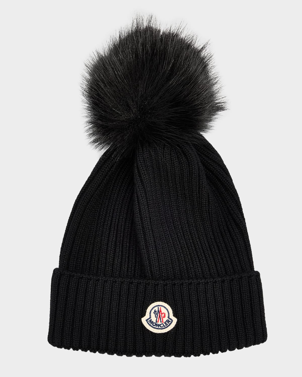 Moncler Kid 's Ribbed Wool Beanie with Faux Fur Pom, Size S-L