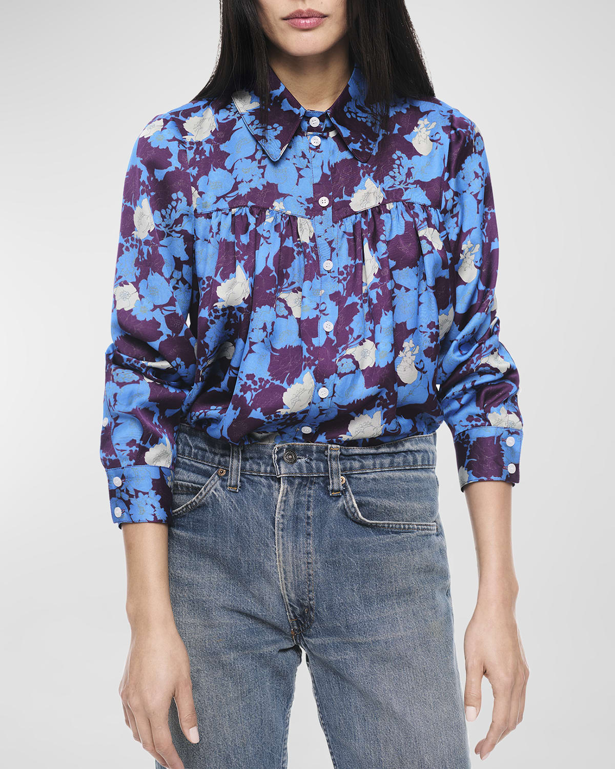 Smythe Floral Shirred Point-Collar Blouse