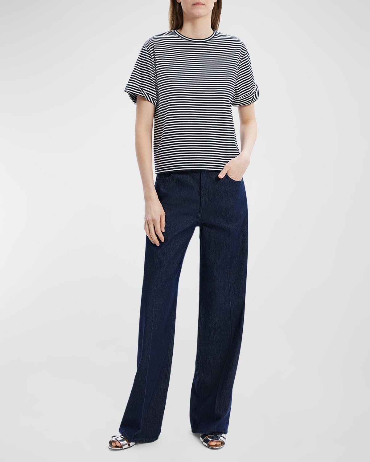 Theory Boxy Rolled-Sleeve Striped Cotton T-Shirt
