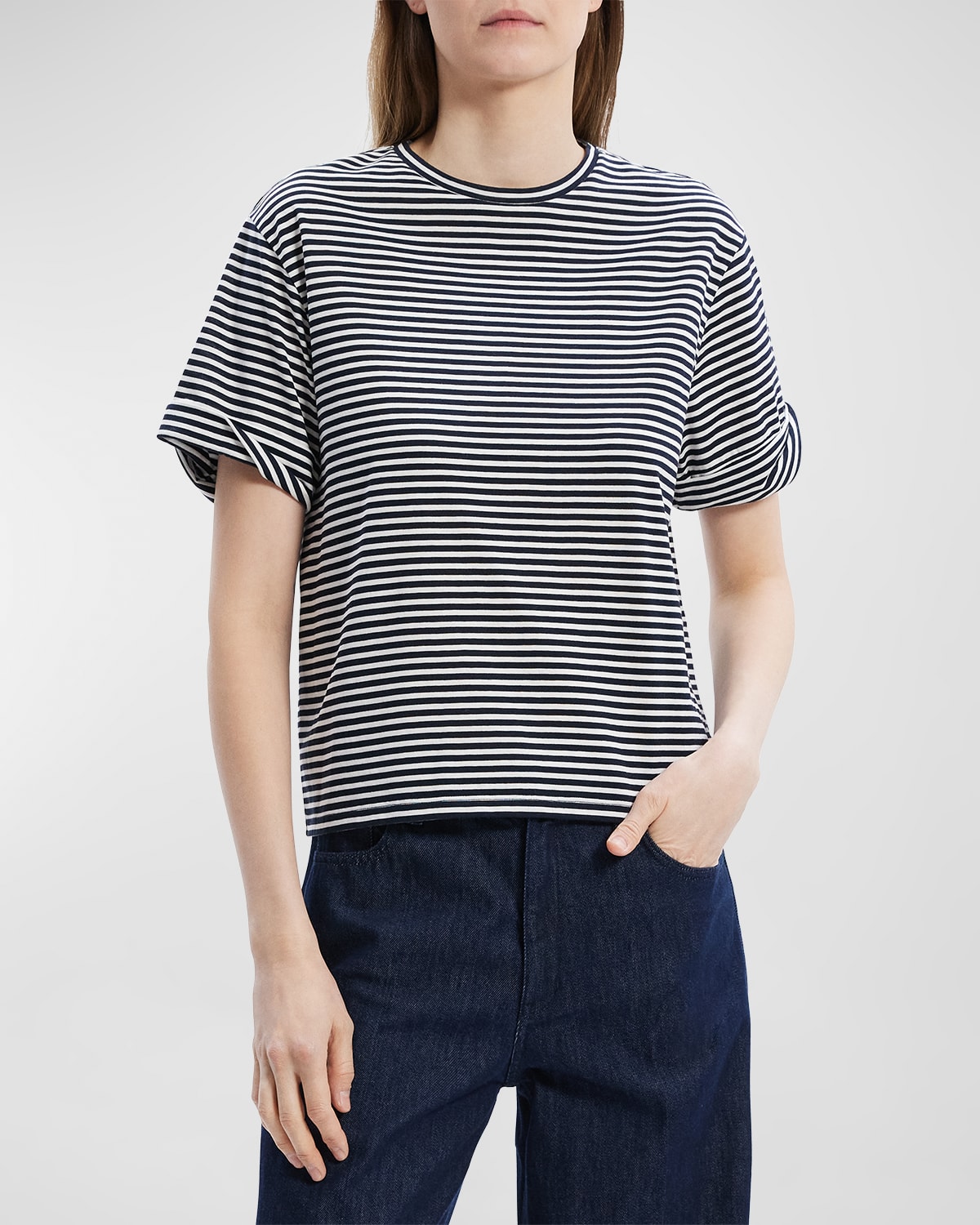 Theory Boxy Rolled-Sleeve Striped Cotton T-Shirt