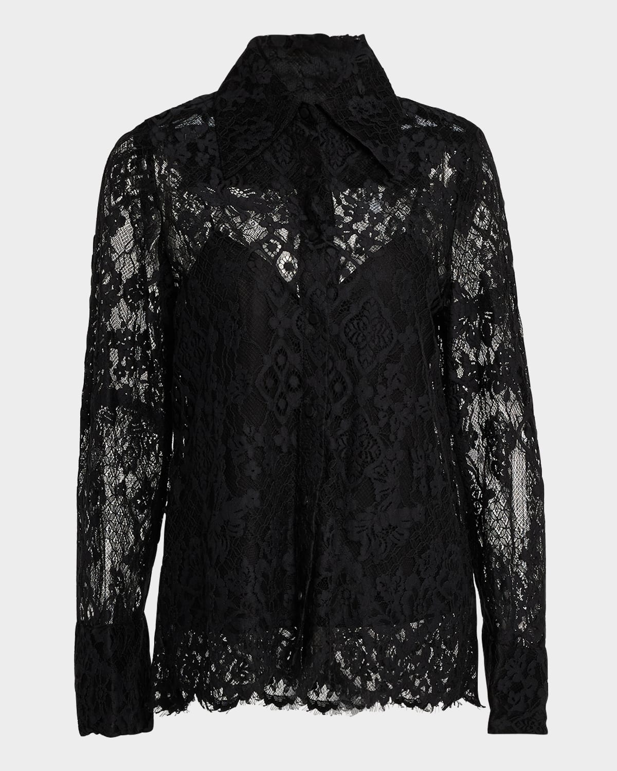 Cinq a Sept Missy Scalloped Sheer Lace Button-Front Top