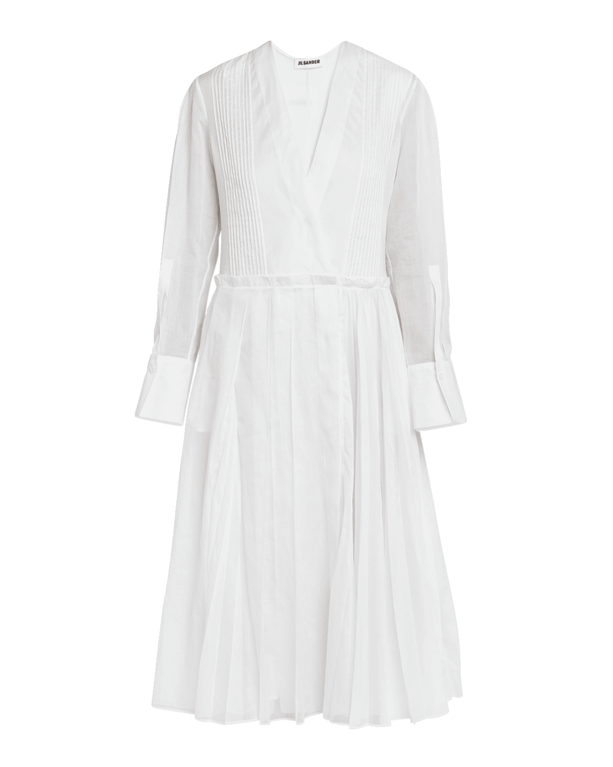 Jil Sander V-Neck Long-Sleeve Pleated Cotton Midi Dress