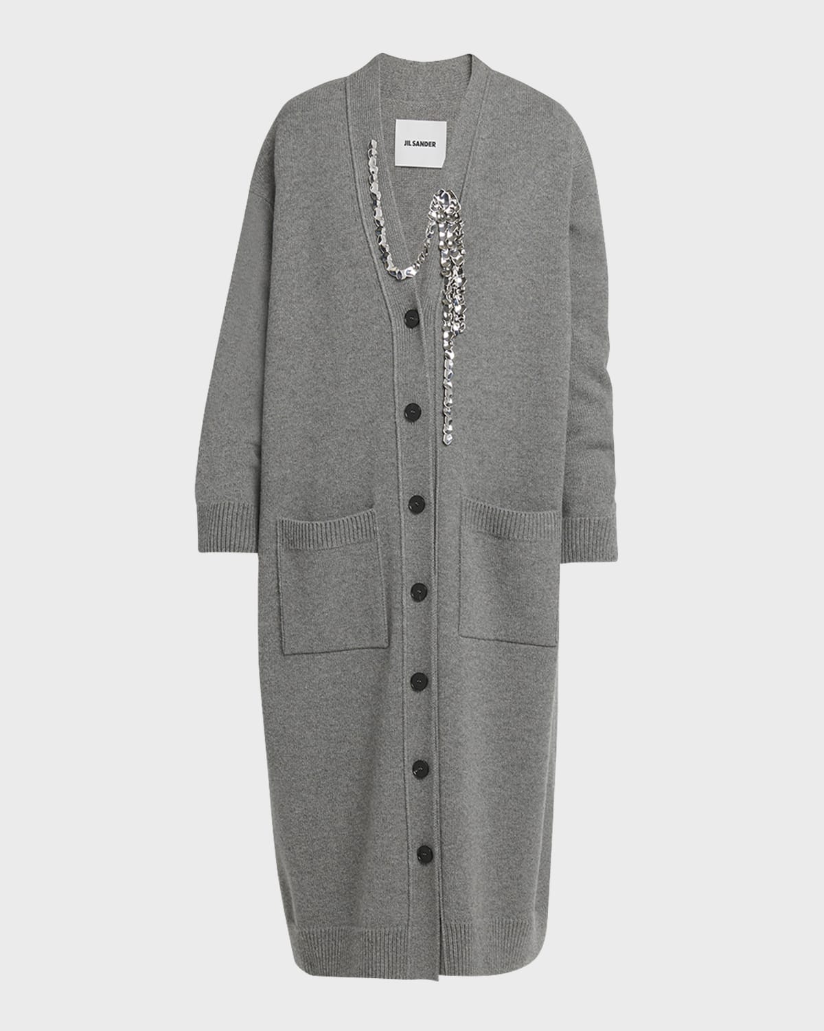 Jil Sander Chain-Detail Long Wool-Cashmere Cardigan