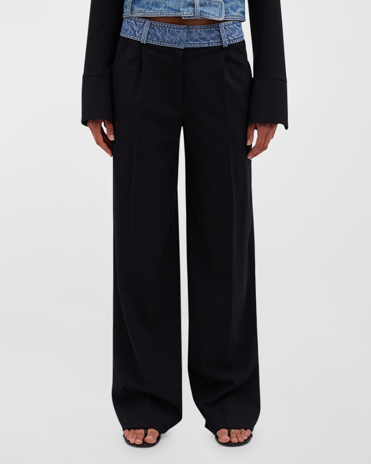 Christopher Esber Deconstructed Denim-Waist Wide-Leg Wool Trousers