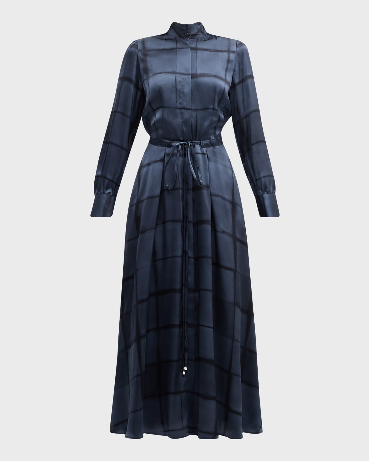 Kiton Grid-Print Silk Long-Sleeve Belted Maxi Dress