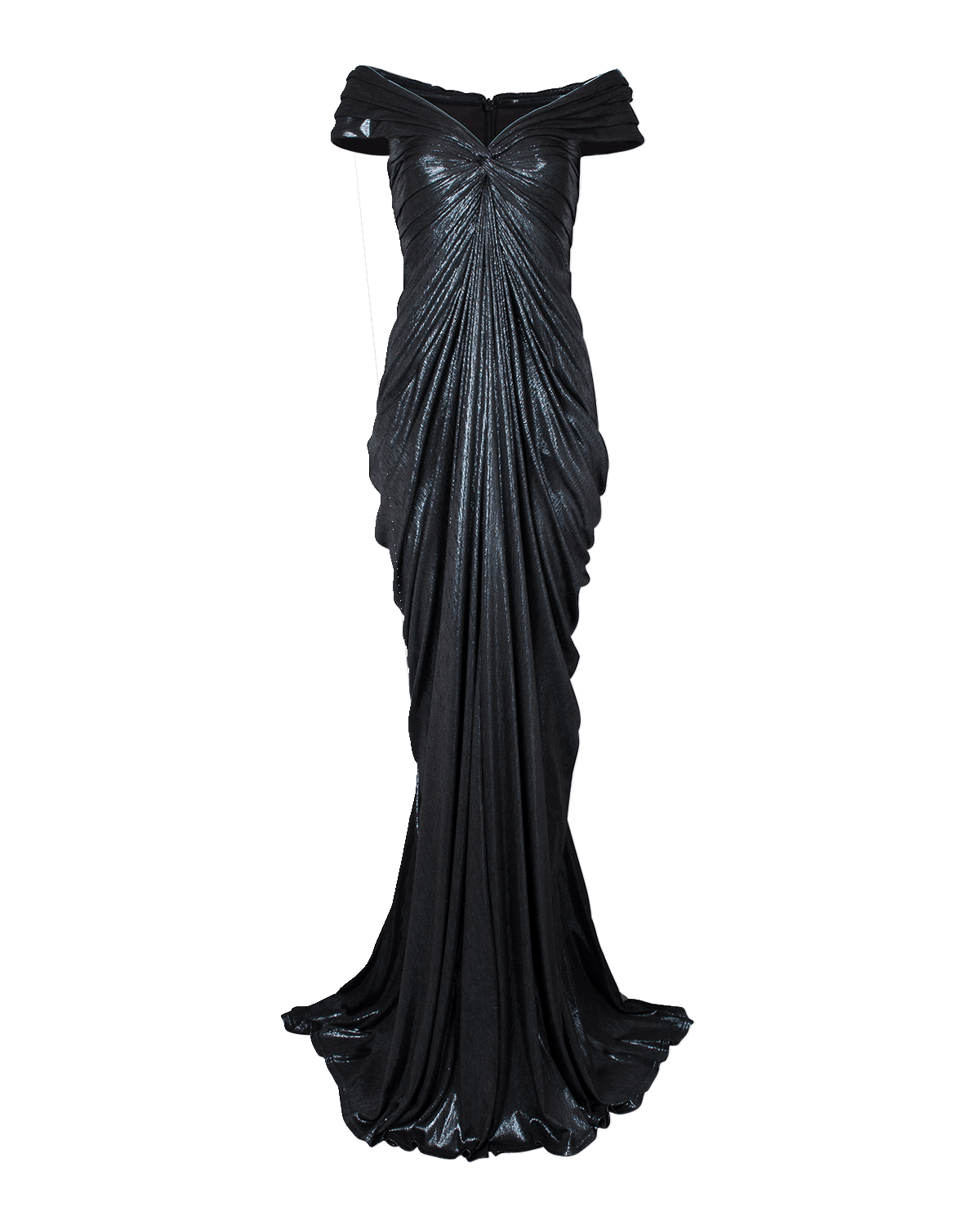 Tadashi Shoji Ruched Off-Shoulder Metallic Jersey Gown