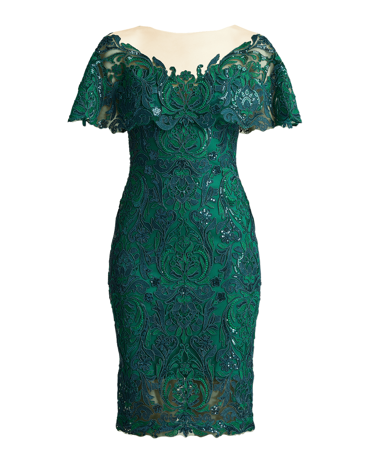 Tadashi Shoji Illusion Sequin Lace Capelet Dress