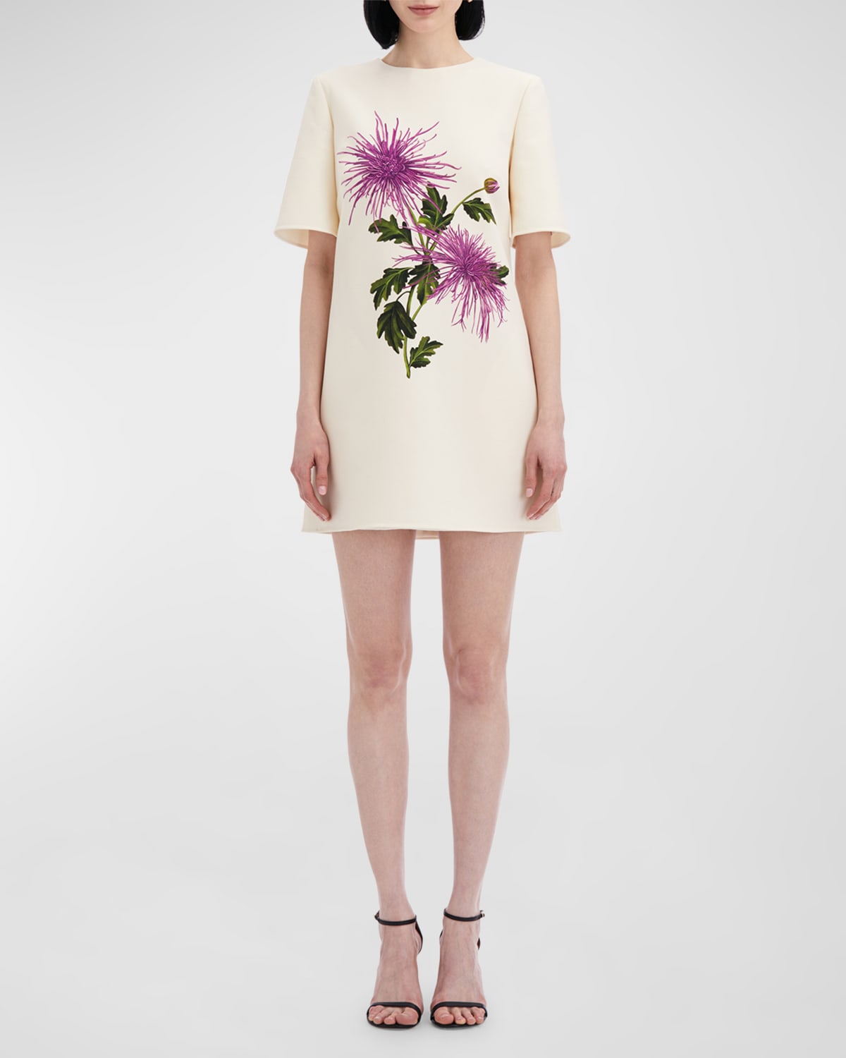 Oscar de la Renta Chrysanthemum-Print Short-Sleeve Wool Mini Shift Dress