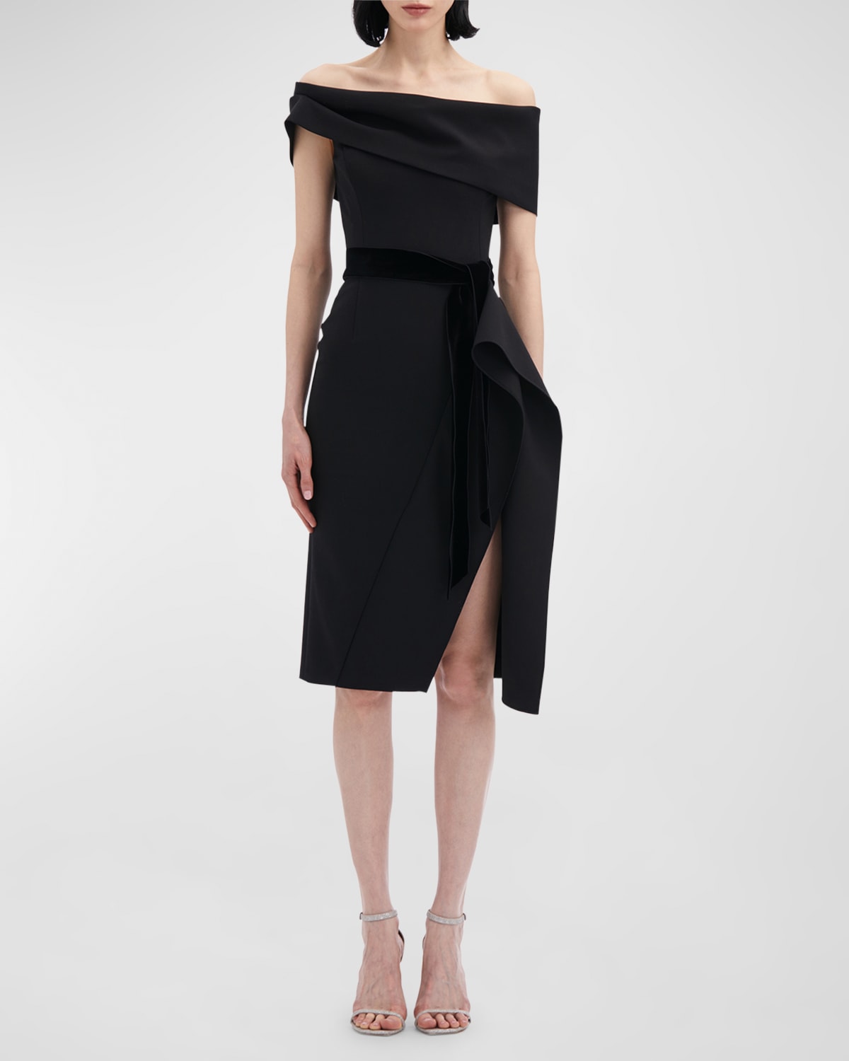Oscar de la Renta Off-The-Shoulder Drape Slit Cocktail Dress