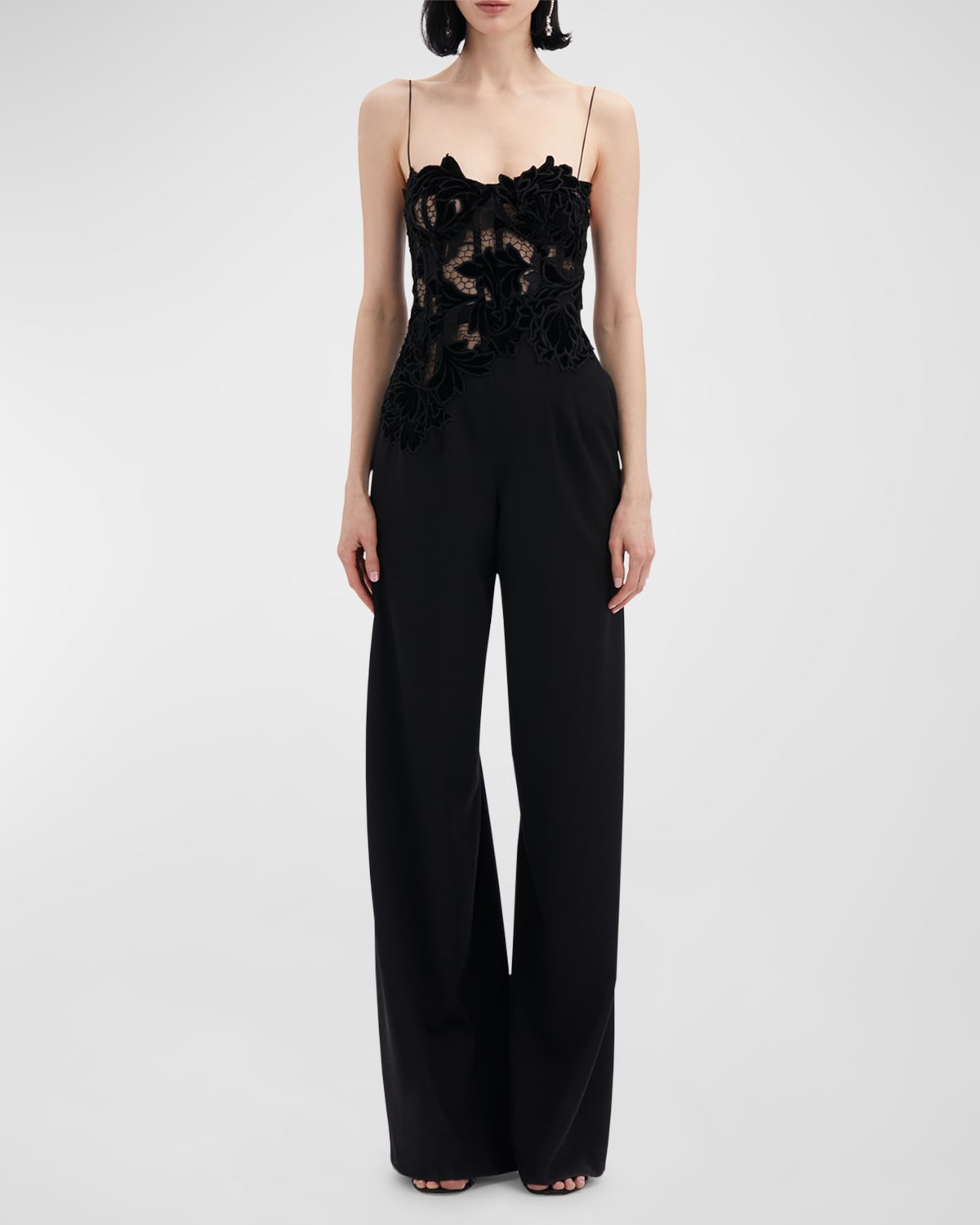 Oscar de la Renta Peony Velvet Guipure Sleeveless Wide-Leg Jumpsuit