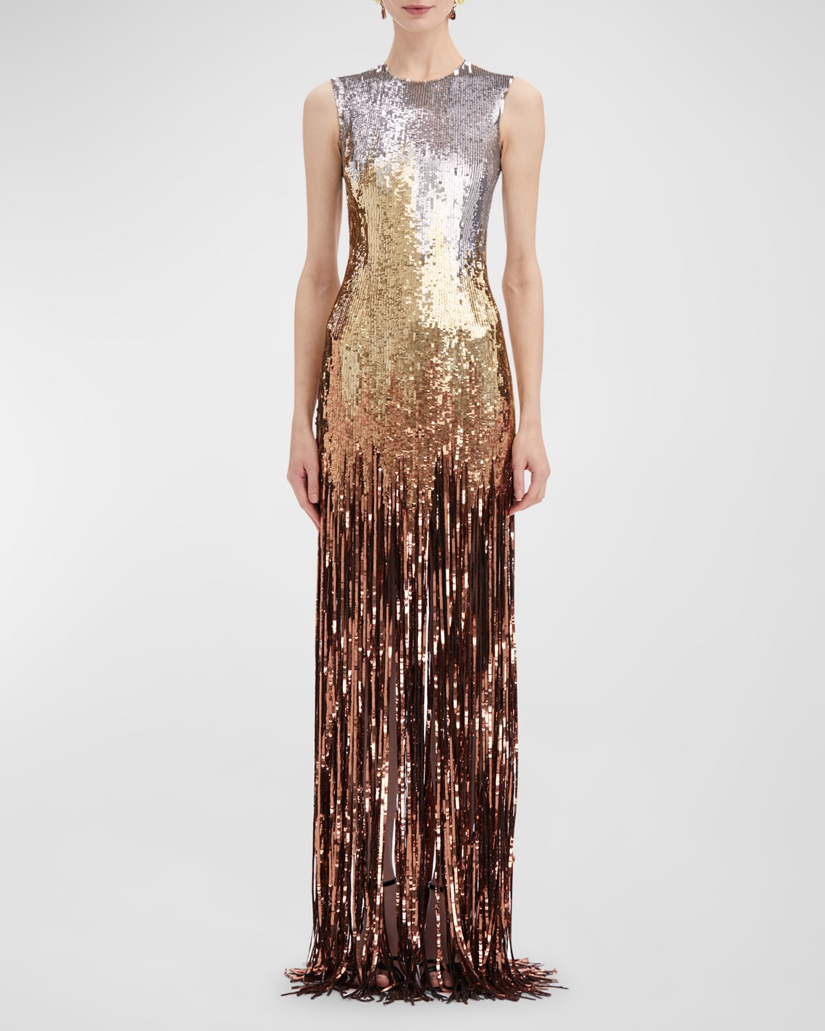Oscar de la Renta Sleeveless Ombre Sequin Fringe Embroidered Gown